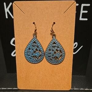 Elegant Filigree Teardrop Earrings in Blue and Bronze